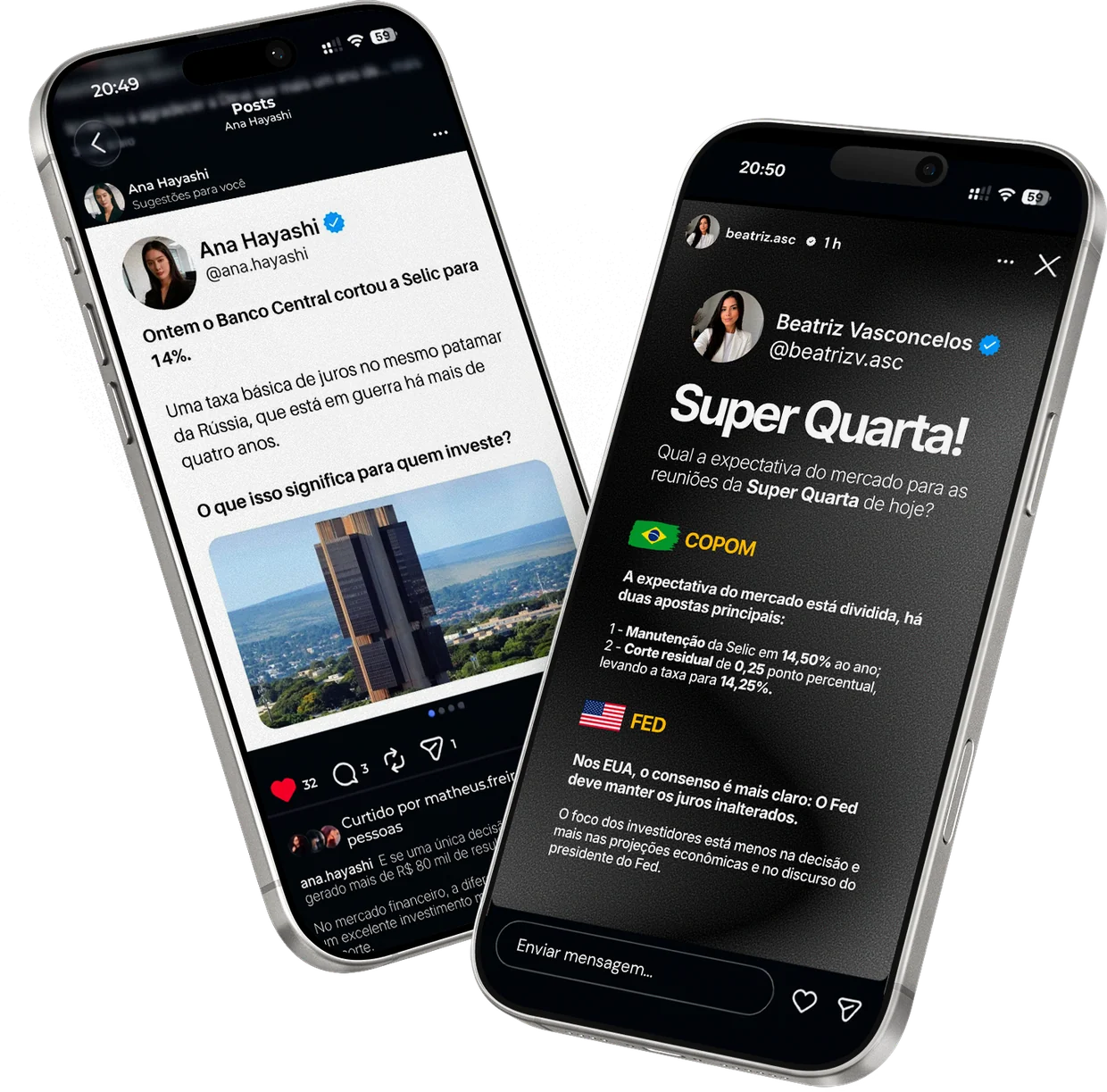Dos iPhones con una publicación y un story personalizados de Finvee